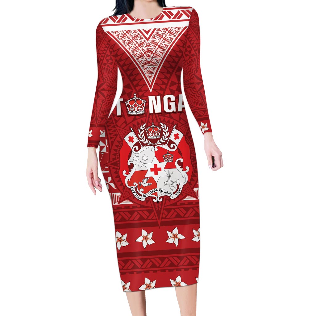 Tonga King Tupou VI Day Long Sleeve Bodycon Dress Traditional Tongan Kupesi Pattern LT05 Long Dress Red - Polynesian Pride
