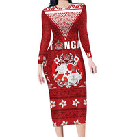 Tonga King Tupou VI Day Long Sleeve Bodycon Dress Traditional Tongan Kupesi Pattern LT05 Long Dress Red - Polynesian Pride