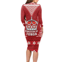 Tonga King Tupou VI Day Long Sleeve Bodycon Dress Traditional Tongan Kupesi Pattern LT05 - Polynesian Pride