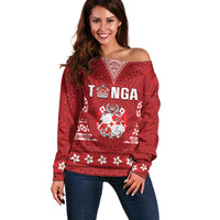 Tonga King Tupou VI Day Off Shoulder Sweater Traditional Tongan Kupesi Pattern LT05 Women Red - Polynesian Pride