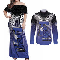 Custom Fiji Drua Couples Matching Off Shoulder Maxi Dress and Long Sleeve Button Shirt Fijian Tapa Pattern
