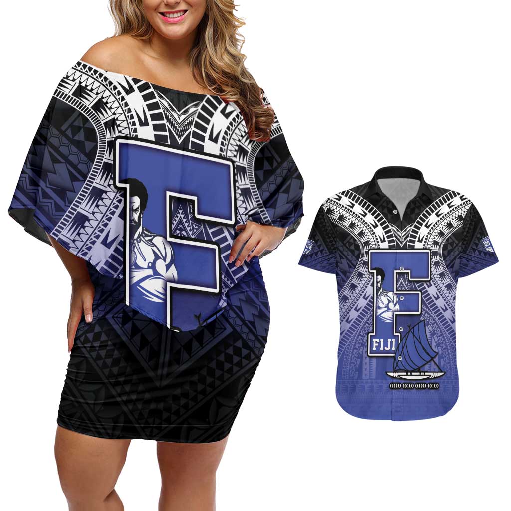 Custom Fiji Drua Couples Matching Off Shoulder Short Dress and Hawaiian Shirt Fijian Tapa Pattern LT05 Blue - Polynesian Pride