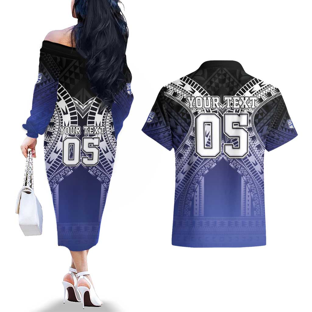 Custom Fiji Drua Couples Matching Off The Shoulder Long Sleeve Dress and Hawaiian Shirt Fijian Tapa Pattern