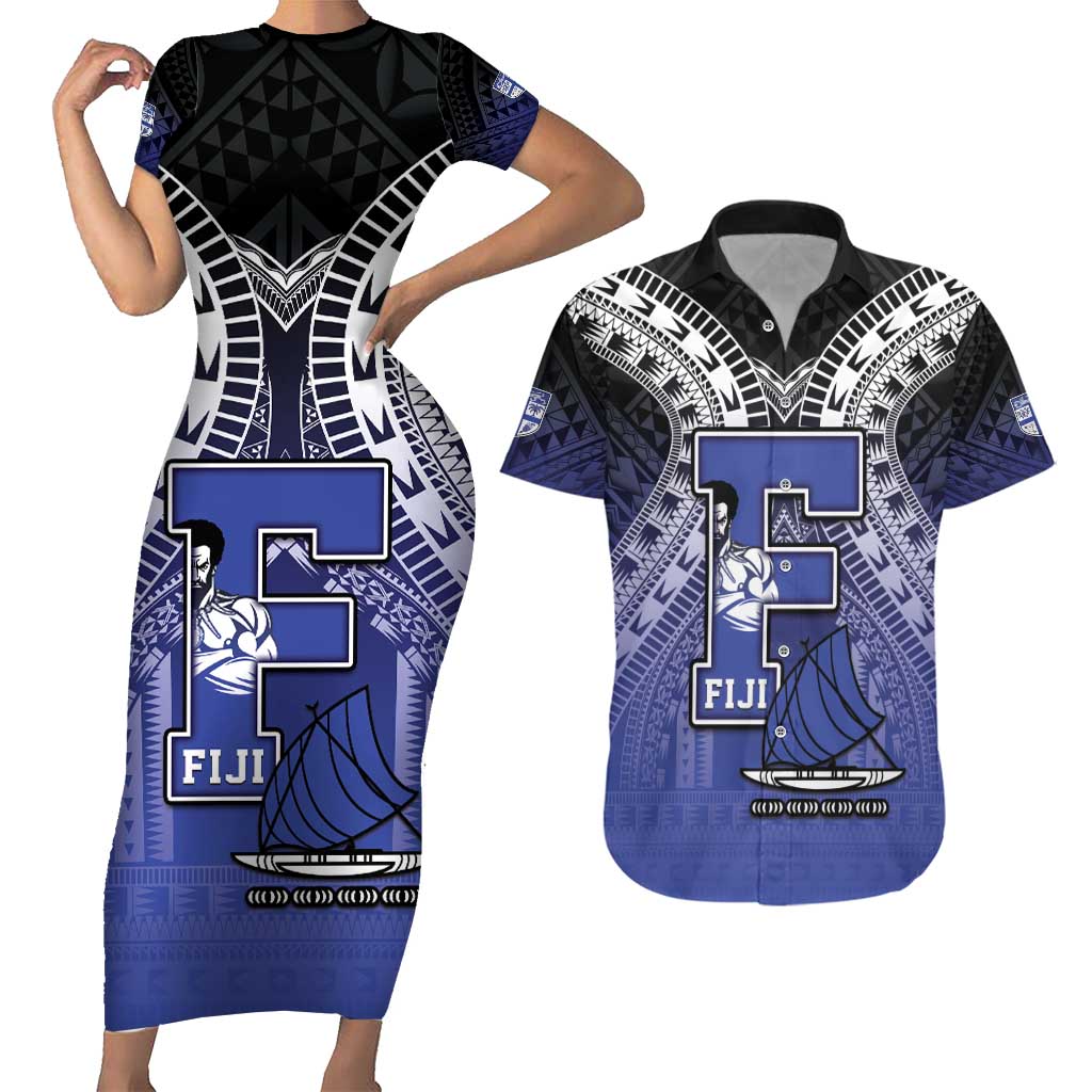 Custom Fiji Drua Couples Matching Short Sleeve Bodycon Dress and Hawaiian Shirt Fijian Tapa Pattern