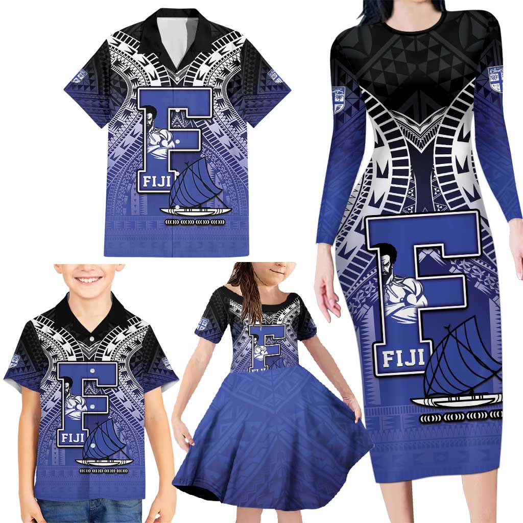 Custom Fiji Drua Family Matching Long Sleeve Bodycon Dress and Hawaiian Shirt Fijian Tapa Pattern