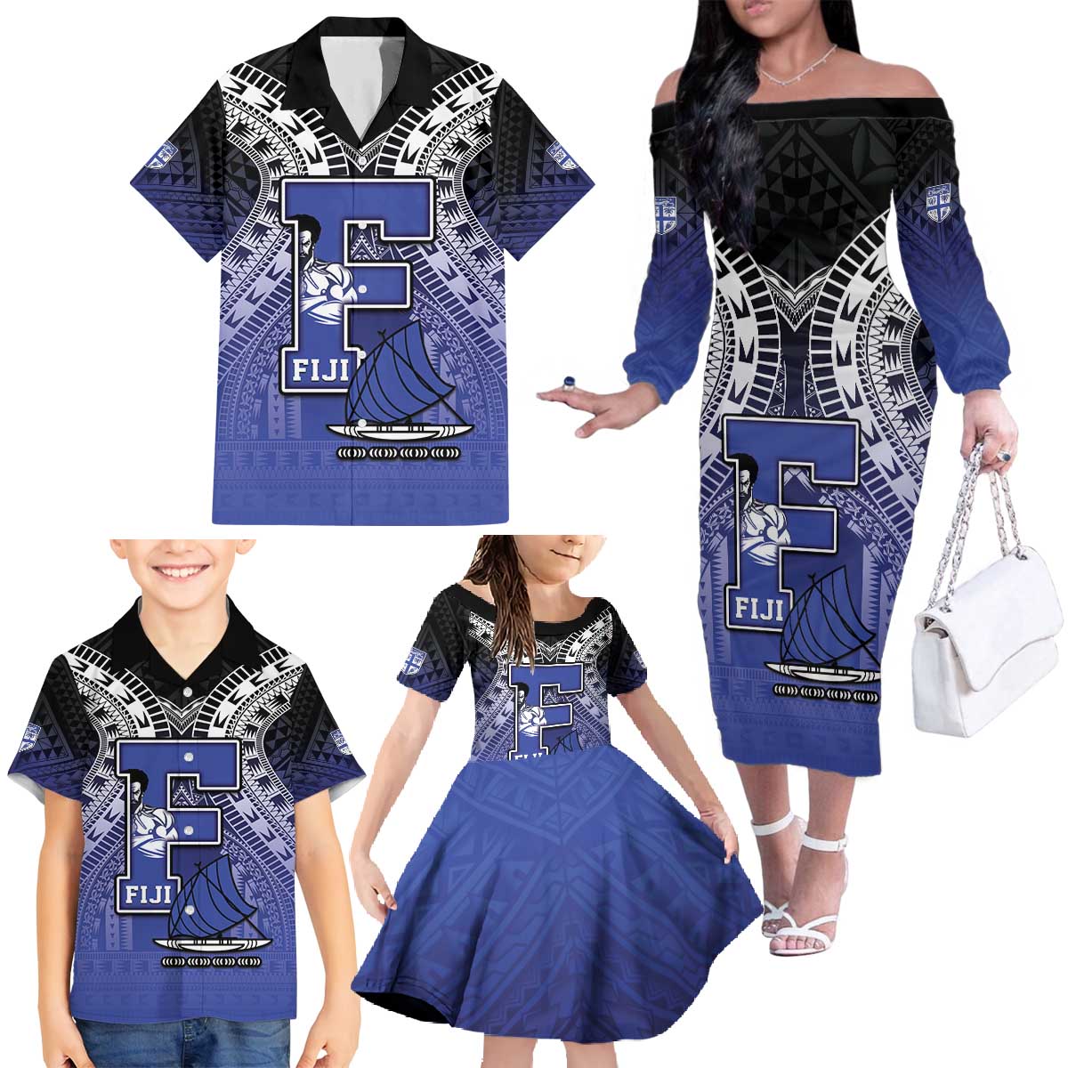 Custom Fiji Drua Family Matching Off The Shoulder Long Sleeve Dress and Hawaiian Shirt Fijian Tapa Pattern