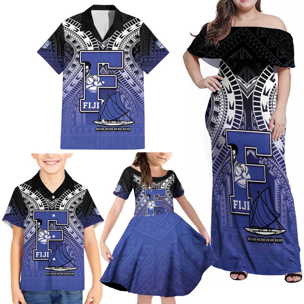 Custom Fiji Drua Family Matching Off Shoulder Maxi Dress and Hawaiian Shirt Fijian Tapa Pattern LT05 - Polynesian Pride