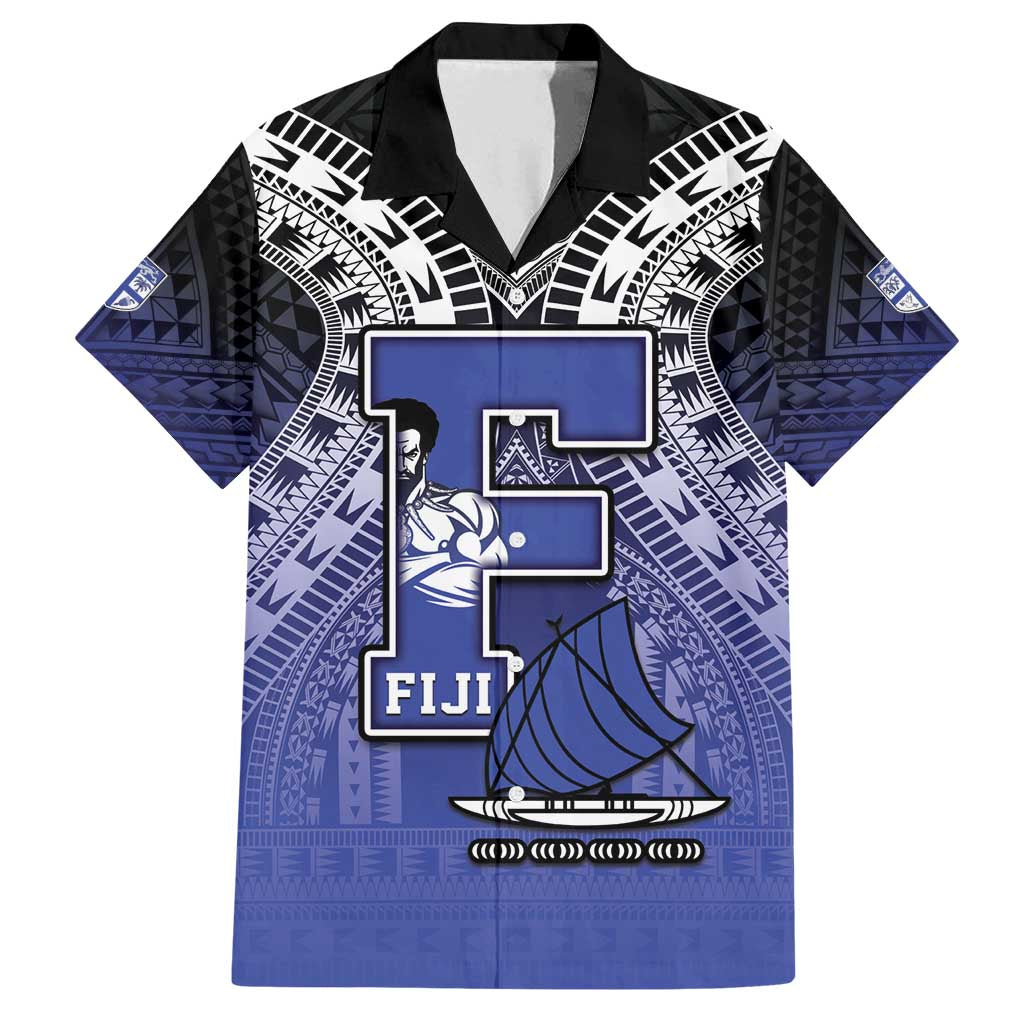 Custom Fiji Drua Family Matching Off Shoulder Maxi Dress and Hawaiian Shirt Fijian Tapa Pattern LT05 Dad's Shirt - Short Sleeve Blue - Polynesian Pride