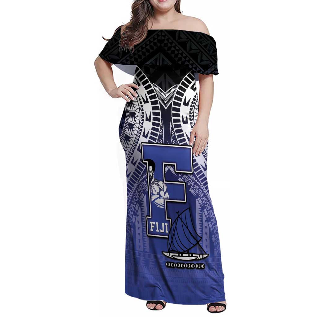 Custom Fiji Drua Family Matching Off Shoulder Maxi Dress and Hawaiian Shirt Fijian Tapa Pattern LT05 Mom's Dress Blue - Polynesian Pride