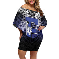 Custom Fiji Drua Family Matching Off Shoulder Short Dress and Hawaiian Shirt Fijian Tapa Pattern LT05 Mom's Dress Blue - Polynesian Pride