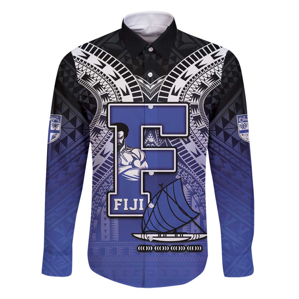 Custom Fiji Drua Family Matching Summer Maxi Dress and Hawaiian Shirt Fijian Tapa Pattern LT05 Dad's Shirt - Long Sleeve Blue - Polynesian Pride