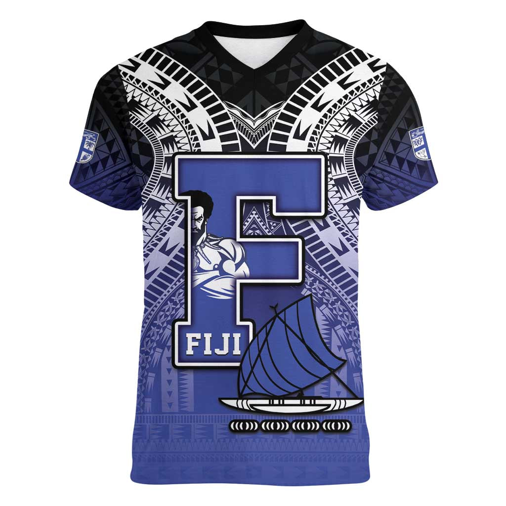 Custom Fiji Drua Women V-Neck T-Shirt Fijian Tapa Pattern