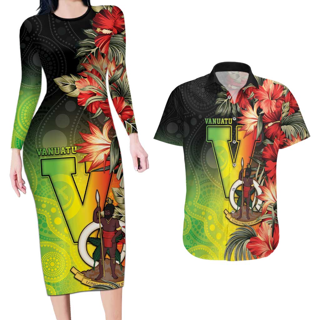 Aboriginal Dot Art Vanuatu Personalised Couples Matching Long Sleeve Bodycon Dress and Hawaiian Shirt Tropical Flowers LT05 Reggae - Polynesian Pride