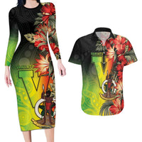 Aboriginal Dot Art Vanuatu Personalised Couples Matching Long Sleeve Bodycon Dress and Hawaiian Shirt Tropical Flowers LT05 Reggae - Polynesian Pride