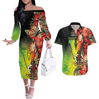 Aboriginal Dot Art Vanuatu Personalised Couples Matching Off The Shoulder Long Sleeve Dress and Hawaiian Shirt Tropical Flowers LT05 Reggae - Polynesian Pride