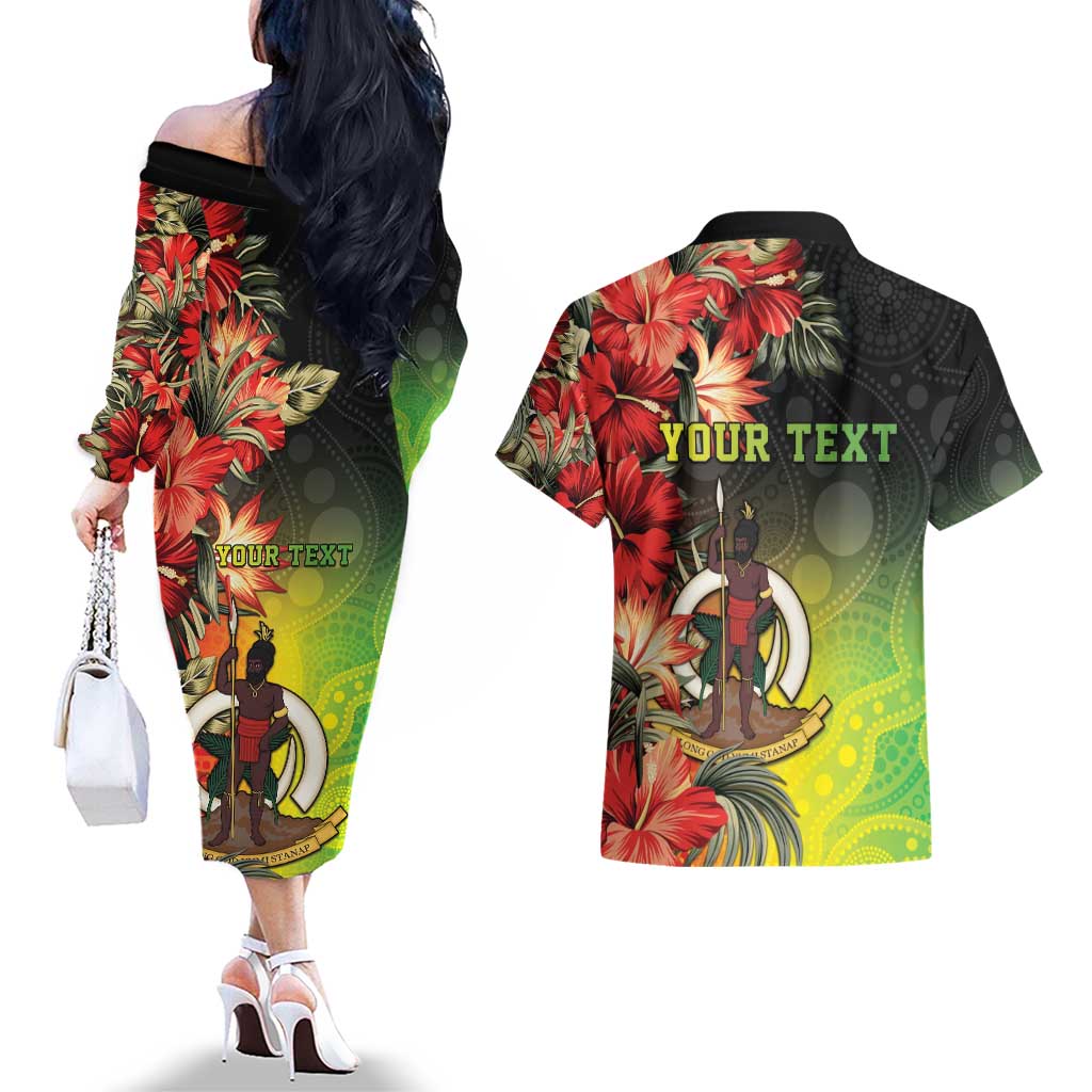 Aboriginal Dot Art Vanuatu Personalised Couples Matching Off The Shoulder Long Sleeve Dress and Hawaiian Shirt Tropical Flowers LT05 - Polynesian Pride