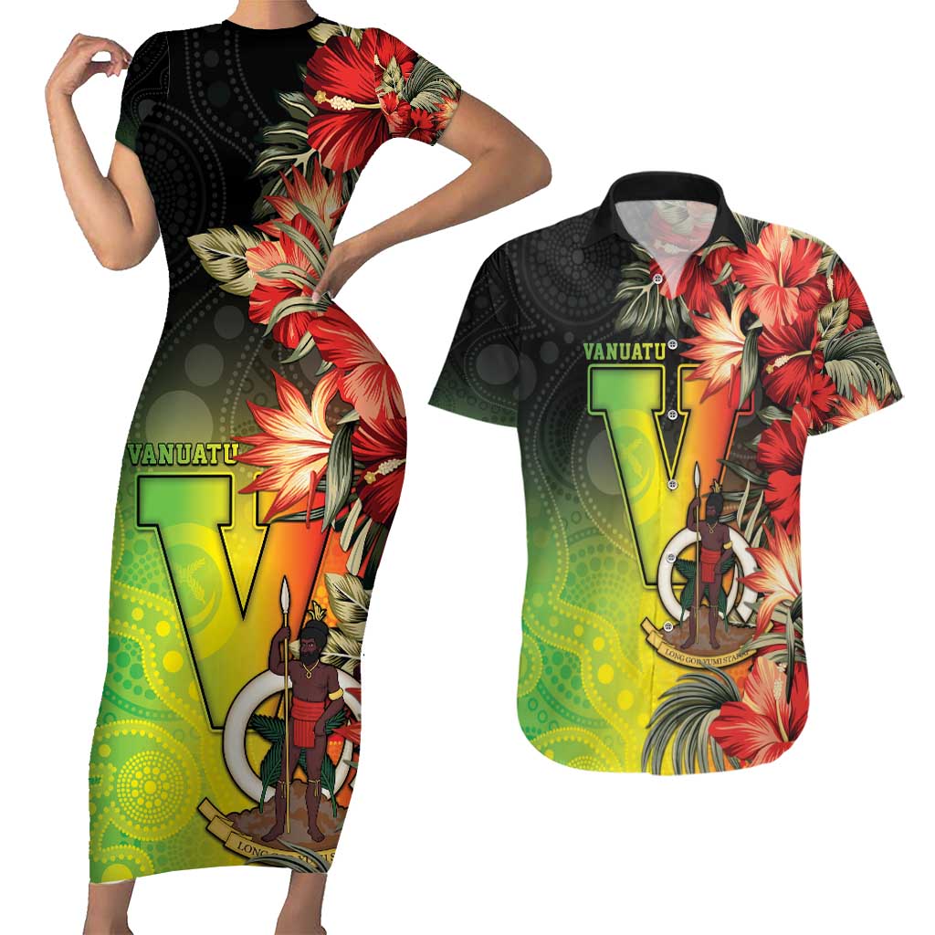 Aboriginal Dot Art Vanuatu Personalised Couples Matching Short Sleeve Bodycon Dress and Hawaiian Shirt Tropical Flowers LT05 Reggae - Polynesian Pride
