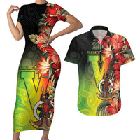 Aboriginal Dot Art Vanuatu Personalised Couples Matching Short Sleeve Bodycon Dress and Hawaiian Shirt Tropical Flowers LT05 Reggae - Polynesian Pride