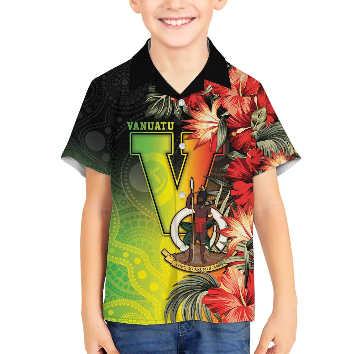 Aboriginal Dot Art Vanuatu Personalised Family Matching Off The Shoulder Long Sleeve Dress and Hawaiian Shirt Tropical Flowers LT05 Son's Shirt Reggae - Polynesian Pride