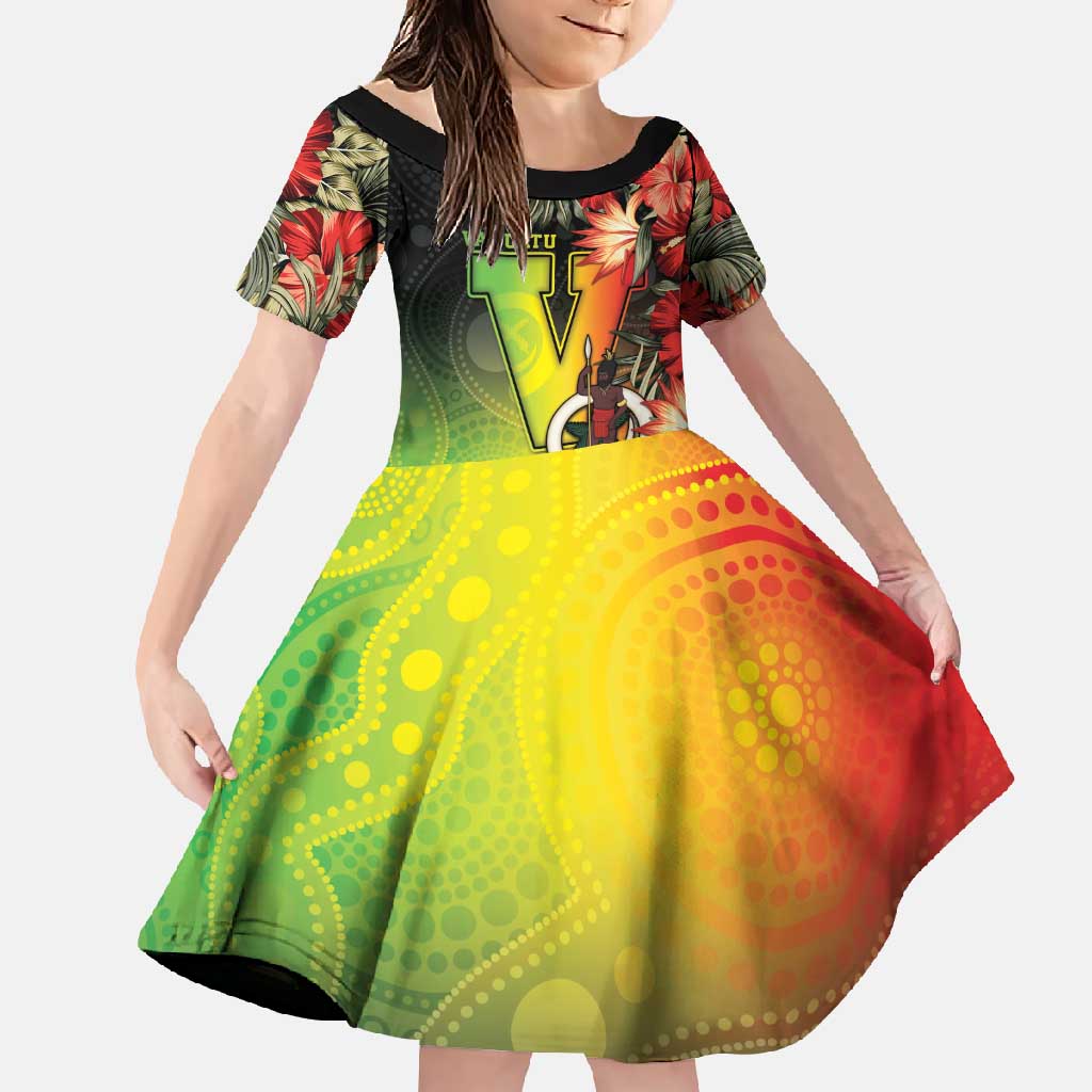 Aboriginal Dot Art Vanuatu Personalised Family Matching Off Shoulder Maxi Dress and Hawaiian Shirt Tropical Flowers LT05 Daughter's Dress Reggae - Polynesian Pride