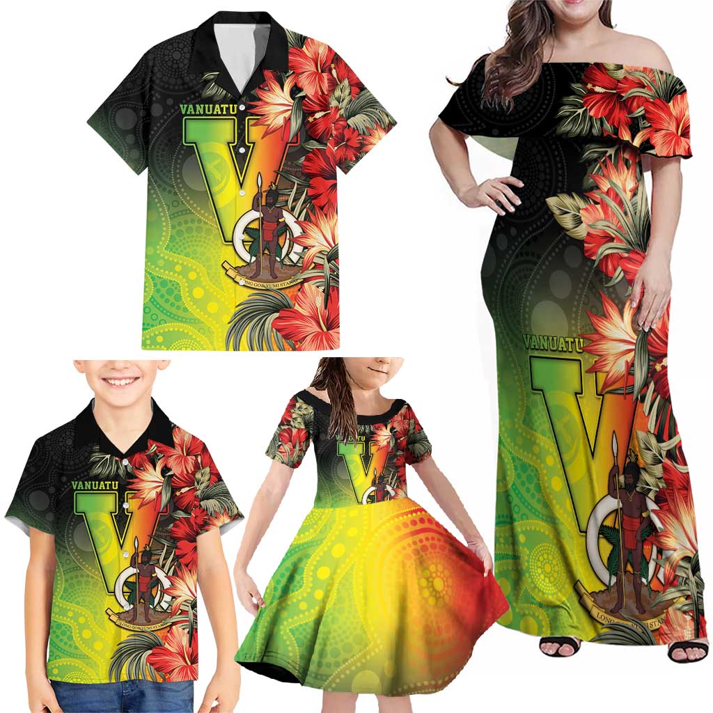 Aboriginal Dot Art Vanuatu Personalised Family Matching Off Shoulder Maxi Dress and Hawaiian Shirt Tropical Flowers LT05 - Polynesian Pride