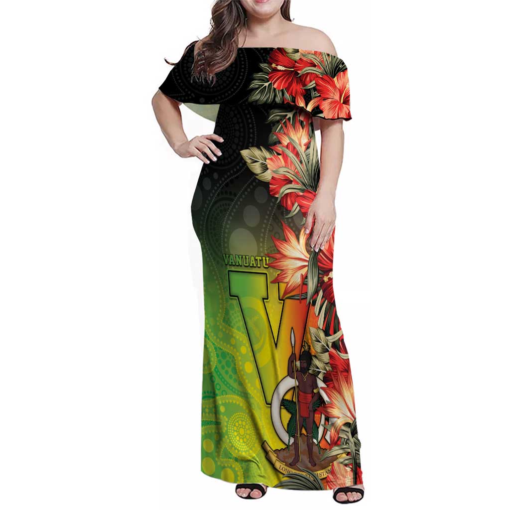 Aboriginal Dot Art Vanuatu Personalised Family Matching Off Shoulder Maxi Dress and Hawaiian Shirt Tropical Flowers LT05 Mom's Dress Reggae - Polynesian Pride
