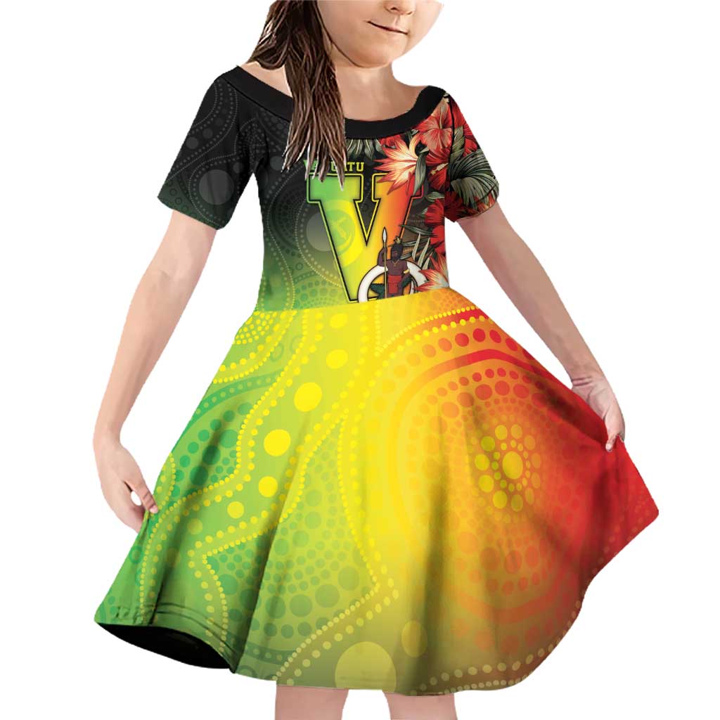 Aboriginal Dot Art Vanuatu Personalised Family Matching Off Shoulder Short Dress and Hawaiian Shirt Tropical Flowers LT05 Daughter's Dress Reggae - Polynesian Pride