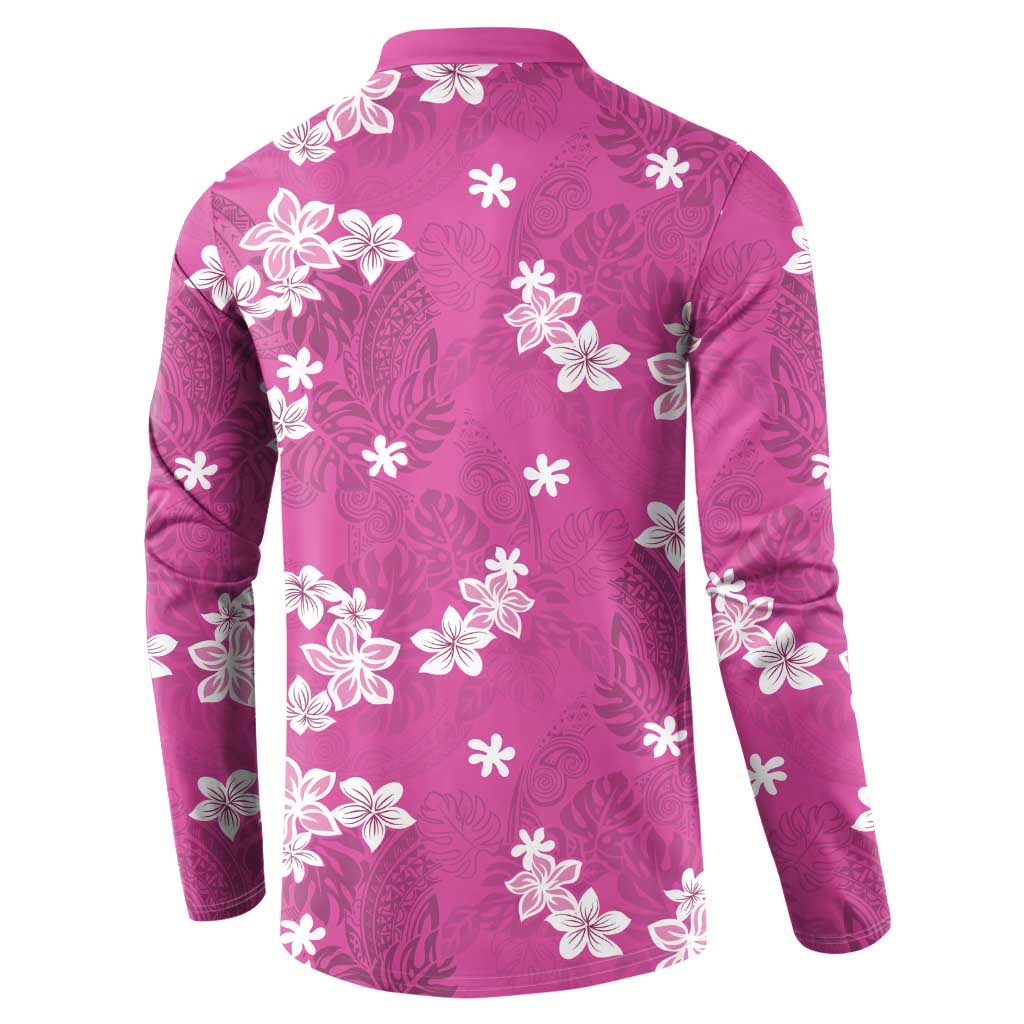 Hawaii Monstera Deliciosa Button Sweatshirt Pink Plumeria Polynesian Pattern - Polynesian Pride