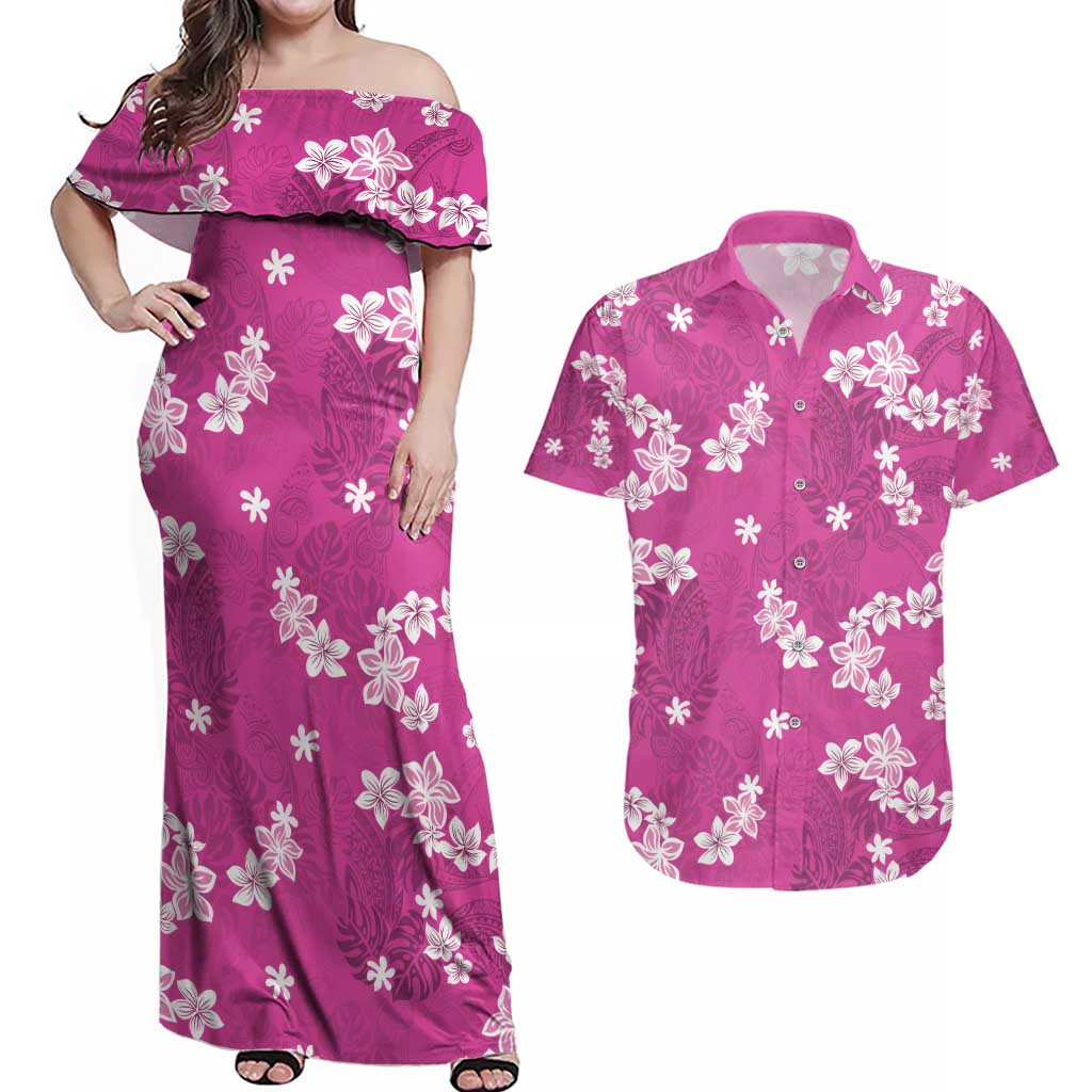 Hawaii Monstera Deliciosa Couples Matching Off Shoulder Maxi Dress and Hawaiian Shirt Pink Plumeria Polynesian Pattern - Polynesian Pride
