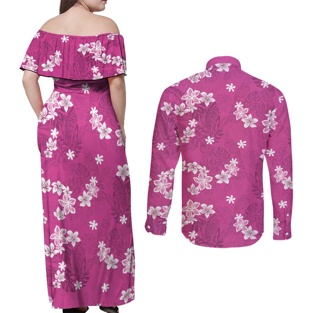 Hawaii Monstera Deliciosa Couples Matching Off Shoulder Maxi Dress and Long Sleeve Button Shirt Pink Plumeria Polynesian Pattern - Polynesian Pride