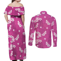 Hawaii Monstera Deliciosa Couples Matching Off Shoulder Maxi Dress and Long Sleeve Button Shirt Pink Plumeria Polynesian Pattern - Polynesian Pride