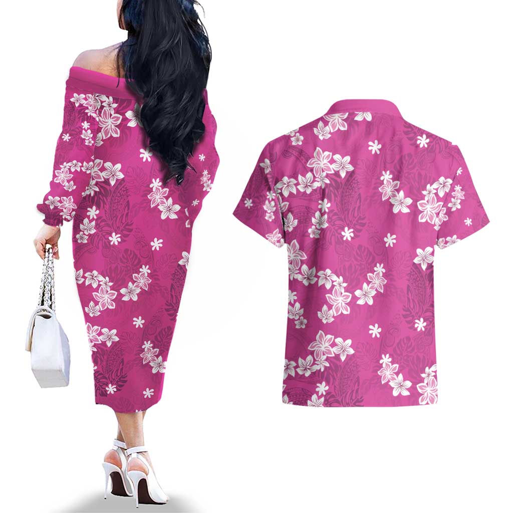 Hawaii Monstera Deliciosa Couples Matching Off The Shoulder Long Sleeve Dress and Hawaiian Shirt Pink Plumeria Polynesian Pattern LT05 - Polynesian Pride