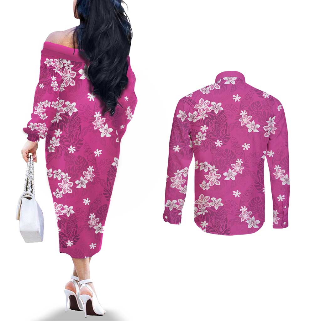 Hawaii Monstera Deliciosa Couples Matching Off The Shoulder Long Sleeve Dress and Long Sleeve Button Shirt Pink Plumeria Polynesian Pattern - Polynesian Pride