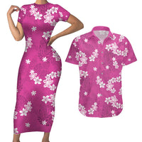 Hawaii Monstera Deliciosa Couples Matching Short Sleeve Bodycon Dress and Hawaiian Shirt Pink Plumeria Polynesian Pattern - Polynesian Pride