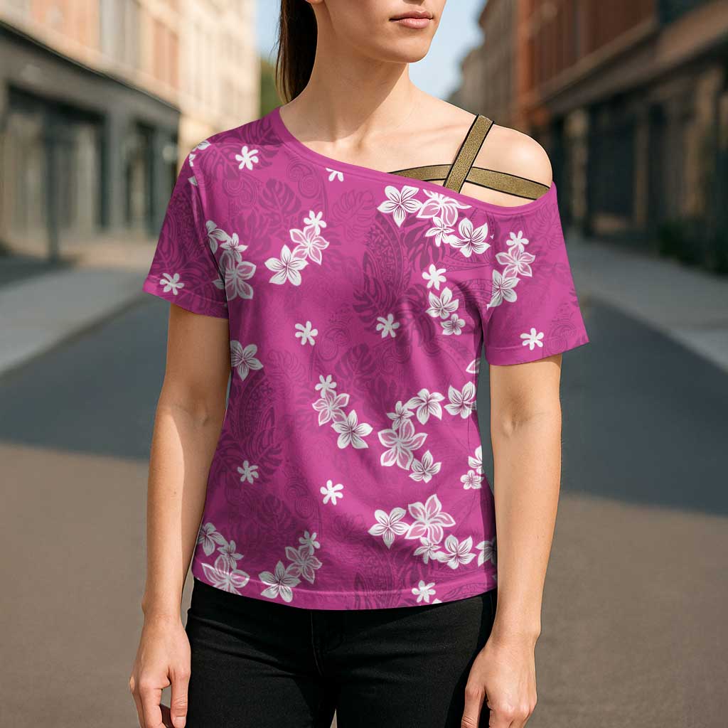 Hawaii Monstera Deliciosa Cross Shoulder Shirt Pink Plumeria Polynesian Pattern - Polynesian Pride