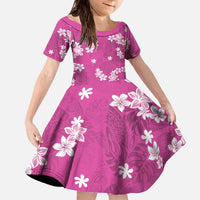 Hawaii Monstera Deliciosa Family Matching Off The Shoulder Long Sleeve Dress and Hawaiian Shirt Pink Plumeria Polynesian Pattern LT05 Daughter's Dress Pink - Polynesian Pride