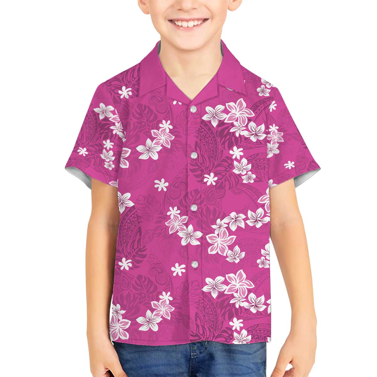 Hawaii Monstera Deliciosa Family Matching Off The Shoulder Long Sleeve Dress and Hawaiian Shirt Pink Plumeria Polynesian Pattern LT05 Son's Shirt Pink - Polynesian Pride