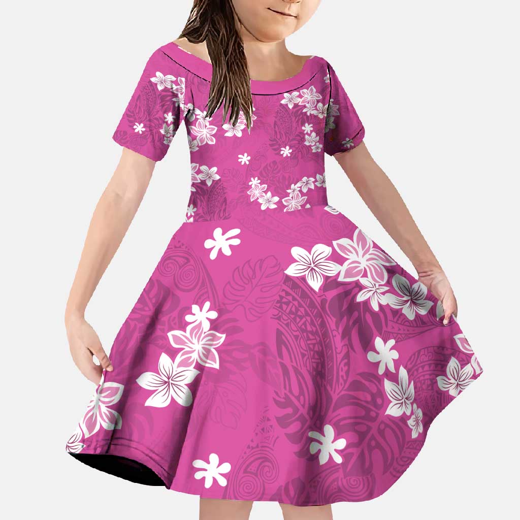 Hawaii Monstera Deliciosa Family Matching Off Shoulder Maxi Dress and Hawaiian Shirt Pink Plumeria Polynesian Pattern LT05 Daughter's Dress Pink - Polynesian Pride