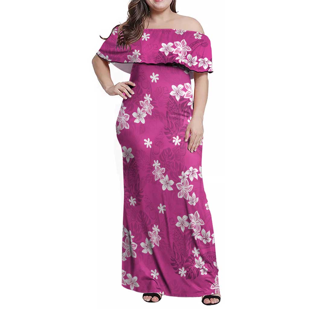 Hawaii Monstera Deliciosa Family Matching Off Shoulder Maxi Dress and Hawaiian Shirt Pink Plumeria Polynesian Pattern LT05 Mom's Dress Pink - Polynesian Pride