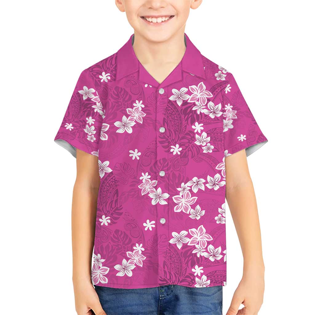 Hawaii Monstera Deliciosa Family Matching Off Shoulder Maxi Dress and Hawaiian Shirt Pink Plumeria Polynesian Pattern LT05 Son's Shirt Pink - Polynesian Pride