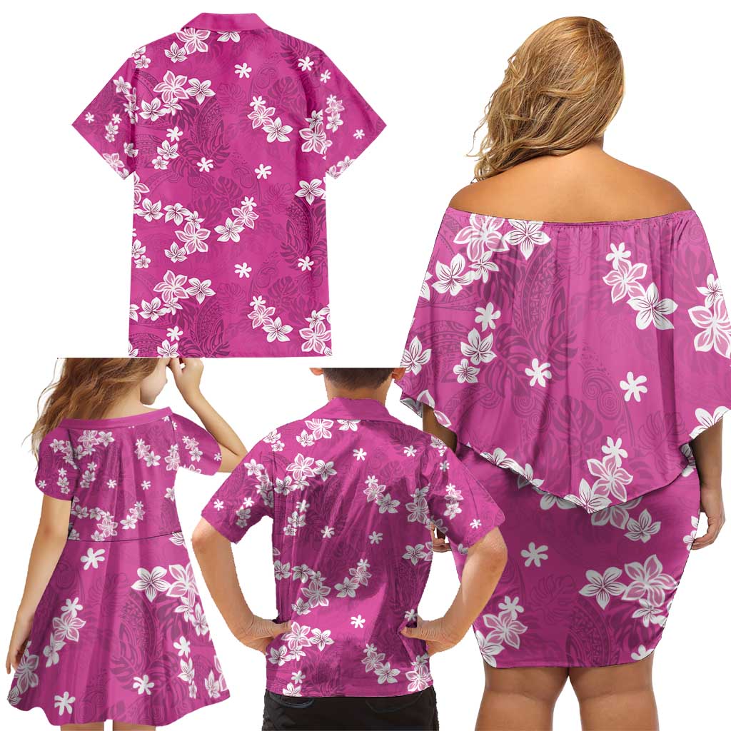 Hawaii Monstera Deliciosa Family Matching Off Shoulder Short Dress and Hawaiian Shirt Pink Plumeria Polynesian Pattern LT05 - Polynesian Pride