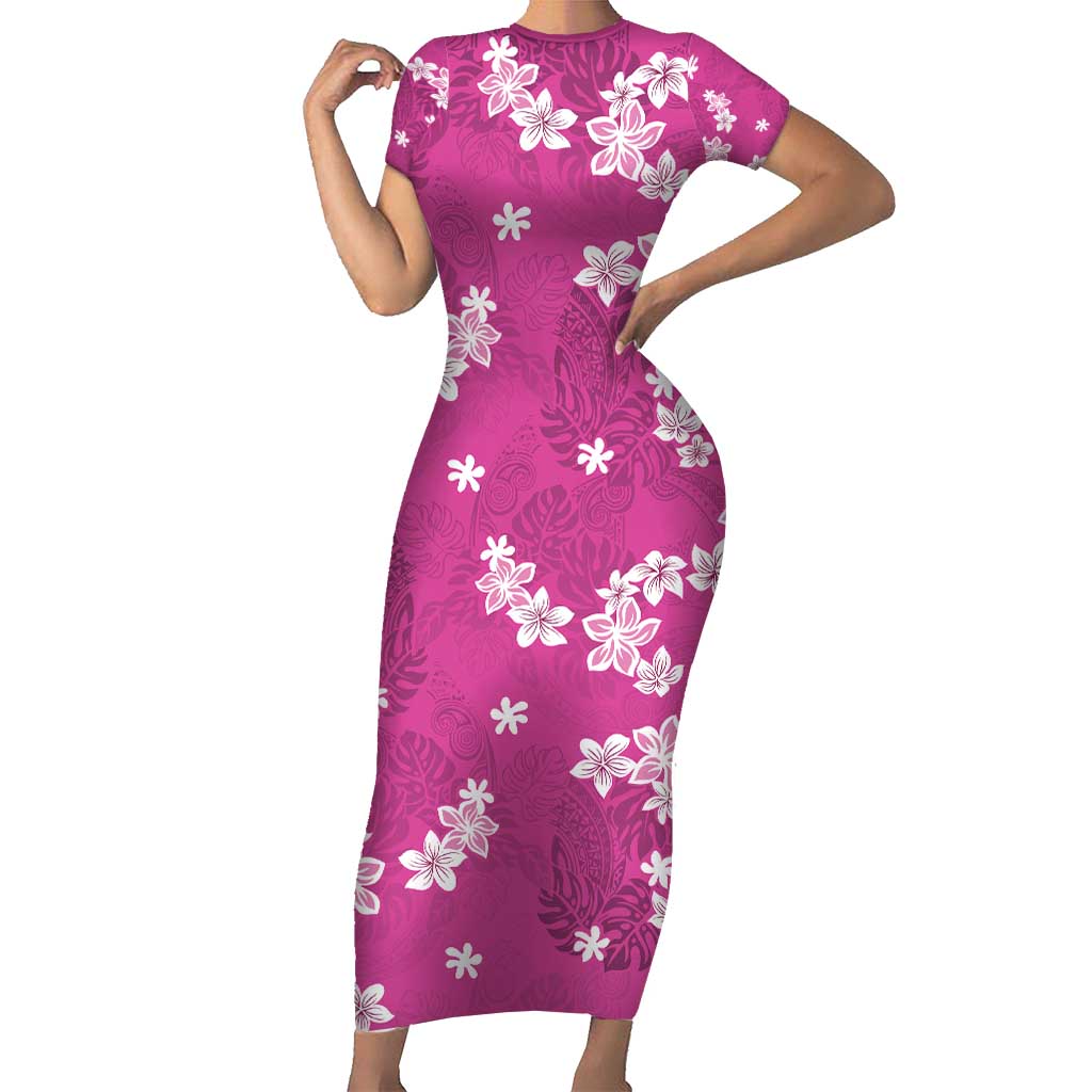 Hawaii Monstera Deliciosa Family Matching Short Sleeve Bodycon Dress and Hawaiian Shirt Pink Plumeria Polynesian Pattern LT05 Mom's Dress Pink - Polynesian Pride