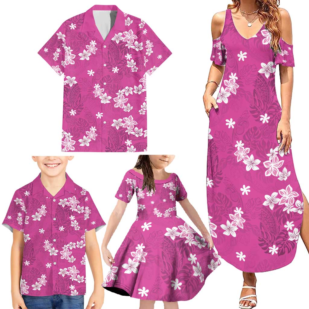 Hawaii Monstera Deliciosa Family Matching Summer Maxi Dress and Hawaiian Shirt Pink Plumeria Polynesian Pattern LT05 - Polynesian Pride