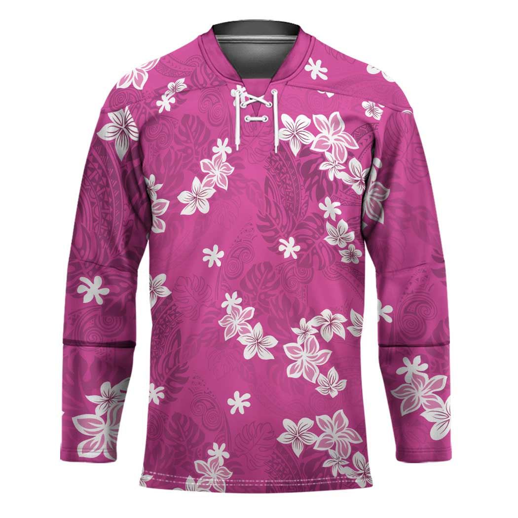 Hawaii Monstera Deliciosa Hockey Jersey Pink Plumeria Polynesian Pattern - Polynesian Pride