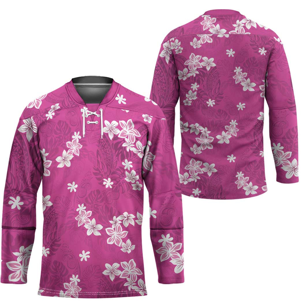 Hawaii Monstera Deliciosa Hockey Jersey Pink Plumeria Polynesian Pattern - Polynesian Pride