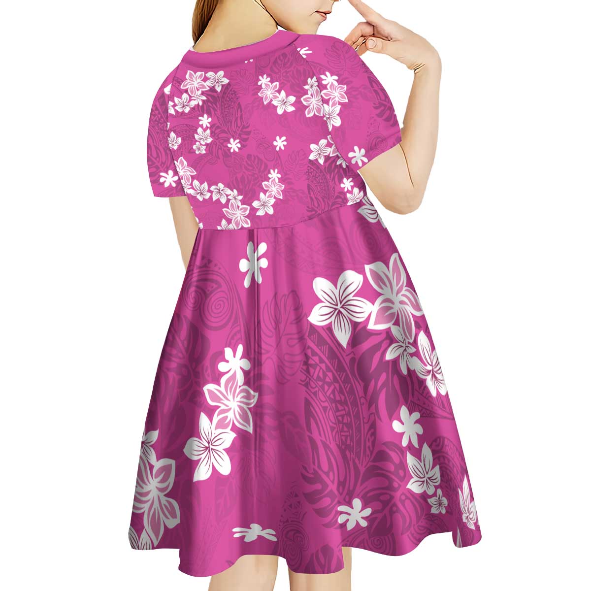 Hawaii Monstera Deliciosa Kid Short Sleeve Dress Pink Plumeria Polynesian Pattern - Polynesian Pride