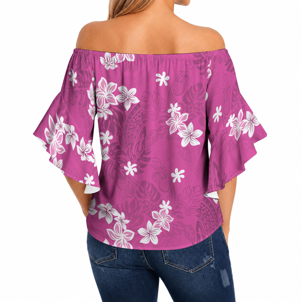 Hawaii Monstera Deliciosa Off Shoulder Wrap Waist Top Pink Plumeria Polynesian Pattern LT05 - Polynesian Pride