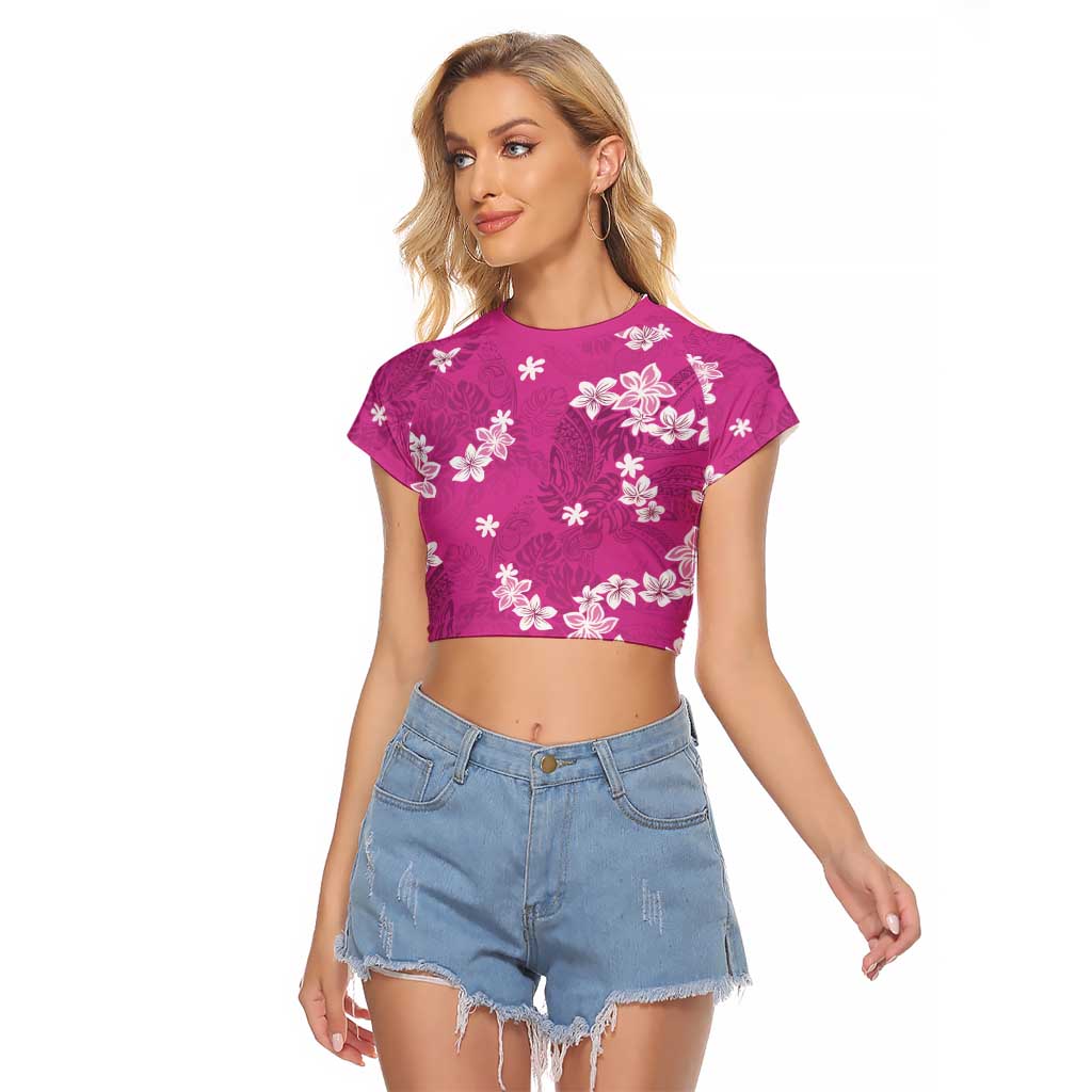 Hawaii Monstera Deliciosa Raglan Cropped T Shirt Pink Plumeria Polynesian Pattern - Polynesian Pride