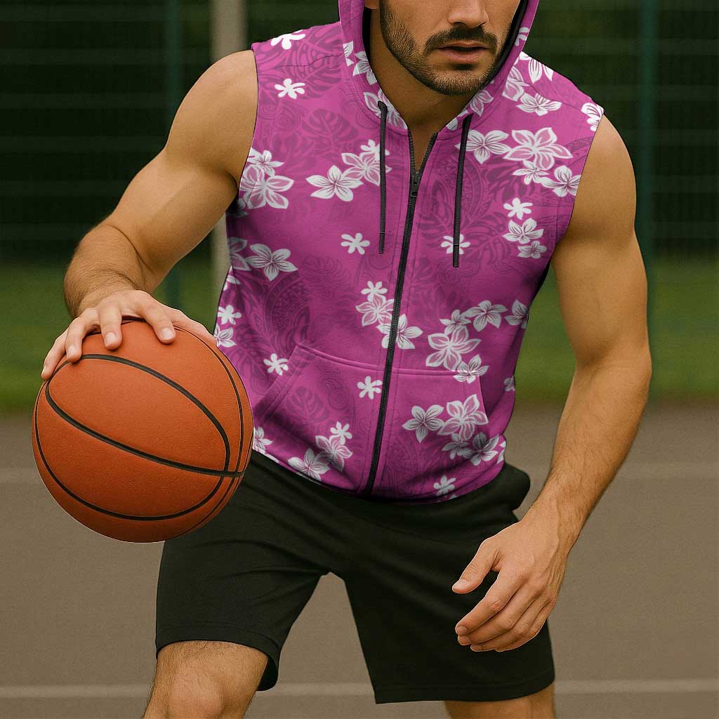 Hawaii Monstera Deliciosa Sleeveless Zip Hoodie Pink Plumeria Polynesian Pattern - Polynesian Pride