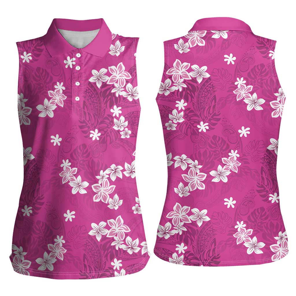 Hawaii Monstera Deliciosa Women Sleeveless Polo Shirt Pink Plumeria Polynesian Pattern LT05 - Polynesian Pride